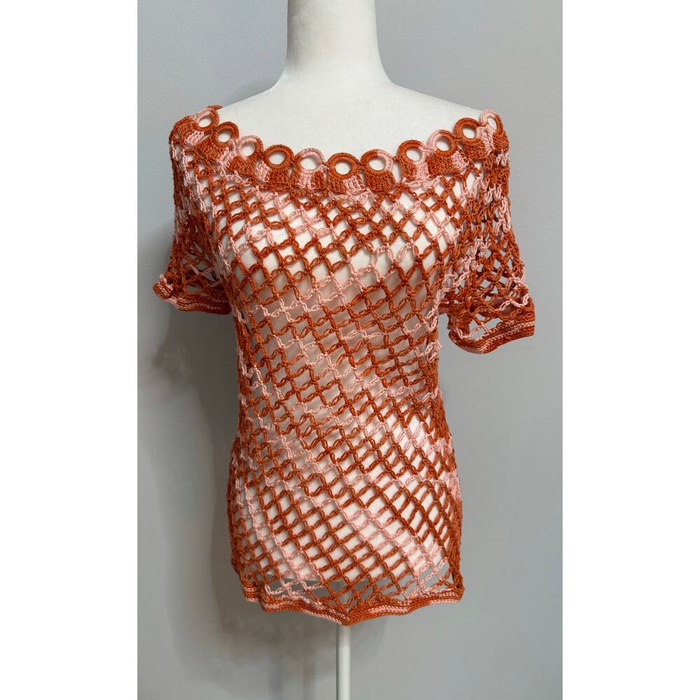 Women Handmade Crochet Orange rust pink Short Sleeves Top Size M off shoulder